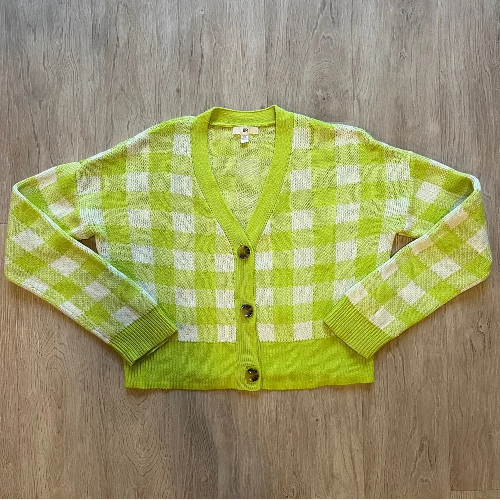 NORDSTROM BP Neon Checkered Plaid Oversized Crop Cardigan Sweater 100% Cotton - Picture 7 of 7